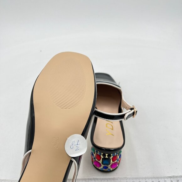 YDN Black Colorful Rhinestone Block Low Heels Square Toe Pump Office Lady Shoe - Picture 6 of 8
